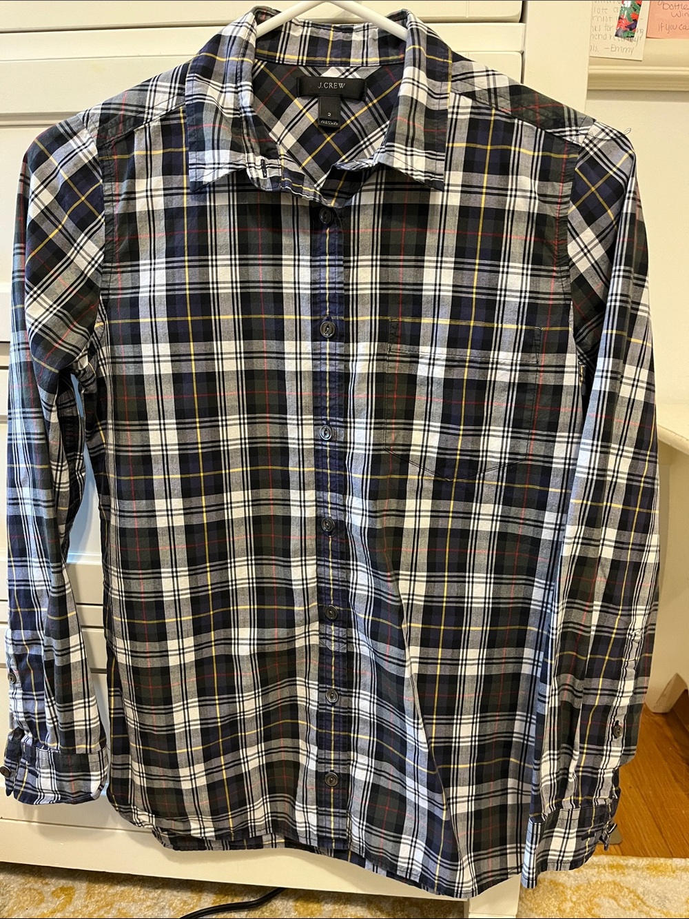 J. Crew Navy, White and Yellow Plaid Button-Down Shirt